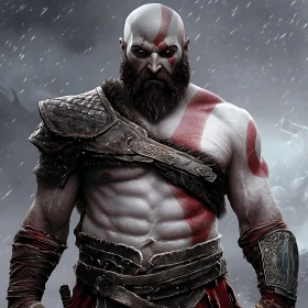 Stoic Warrior in Falling Snow