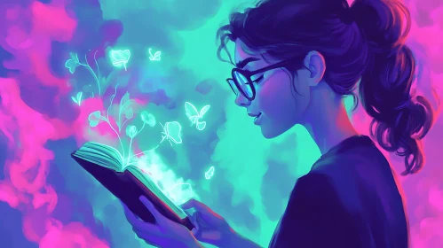 Neon Reader with Glowing Butterflies