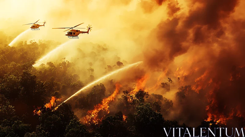 Helicopters Engaged in Forest Firefighting AI Image