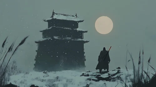 Warrior Silhouette by Ancient Japanese Building