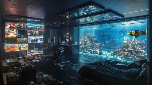 High-Tech Gaming Room Featuring Massive Aquarium