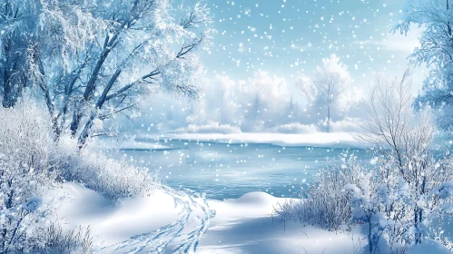Tranquil Frozen Lake with Falling Snowflakes