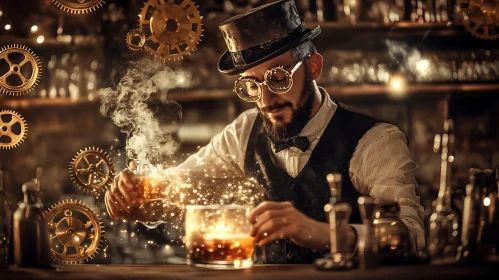 Man in Steampunk Gear Mixing a Drink