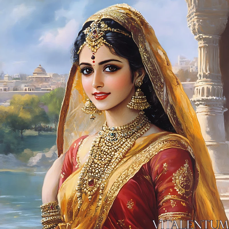 Portrait of Woman with Golden Jewelry AI Image