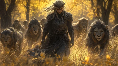 Armored Woman with Lions in Field