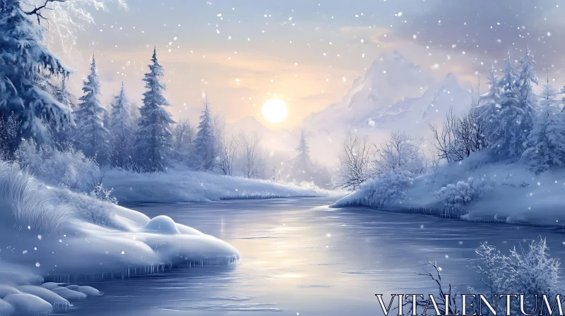 Winter Wonderland with River and Snowy Forest AI Image