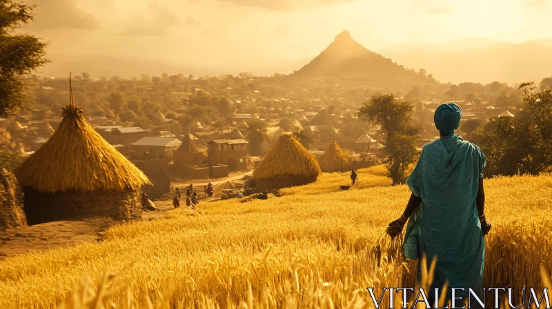 AI ART Woman in Golden Field Overlooking Village