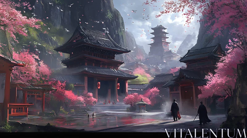 Serene Temple View with Blooming Trees AI Image