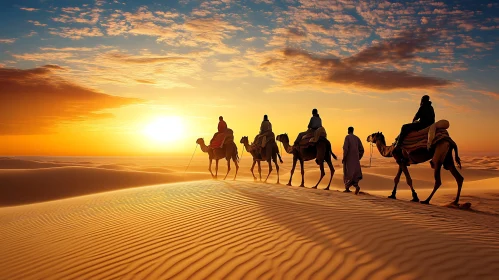 Camels in Desert at Sunset