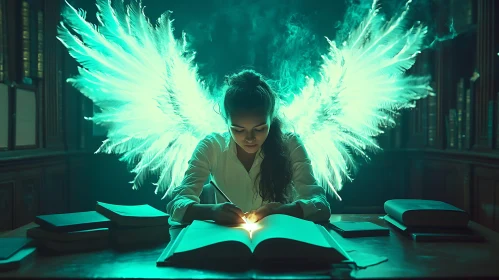 Winged Writer in Library