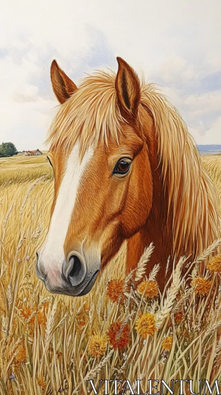 Chestnut Horse Among Golden Grains AI Image