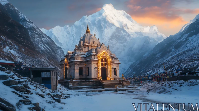 Winter Temple in the Mountains AI Image