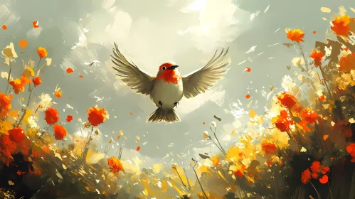 Bird Amidst Flowers and Sunlight