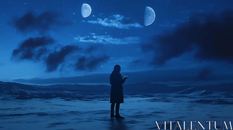 Person with Tablet under Moonlit Sky AI Image