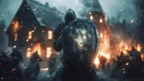 Medieval Knight Protecting Burning City