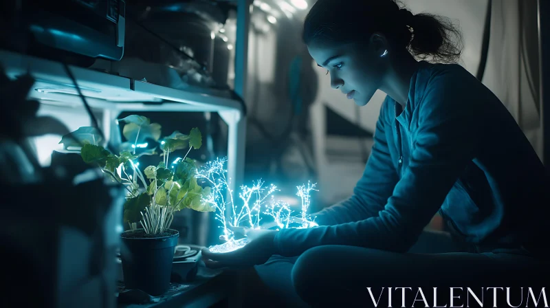 Woman with Bioluminescent Flora AI Image