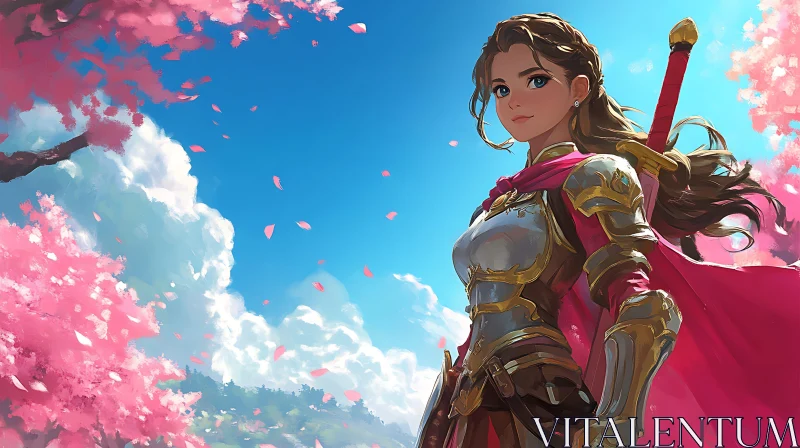 AI ART Female Knight with Sword and Sakura