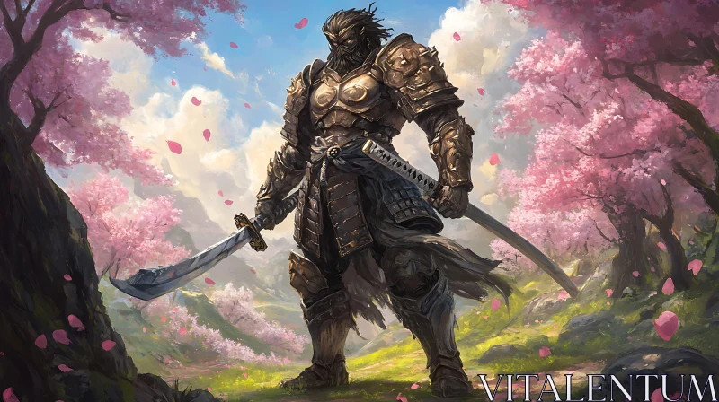 AI ART Samurai with Swords in Blossom Field