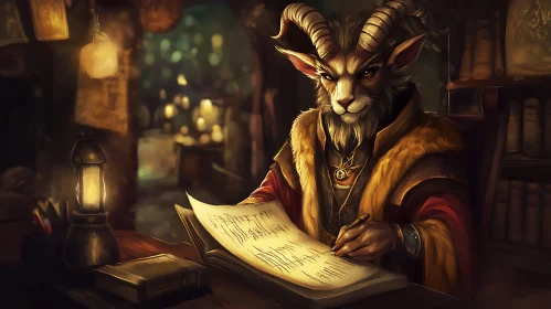 Anthropomorphic Goat Writing in Old Study