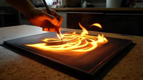 Fiery Brushstroke Art in Dimly Lit Room