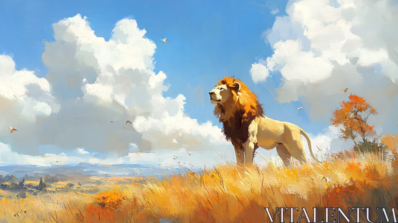 Lion and Serene Savannah Landscape AI Image