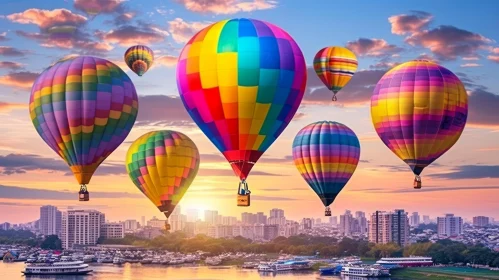 Colorful Hot Air Balloons Flying Over City at Sunset