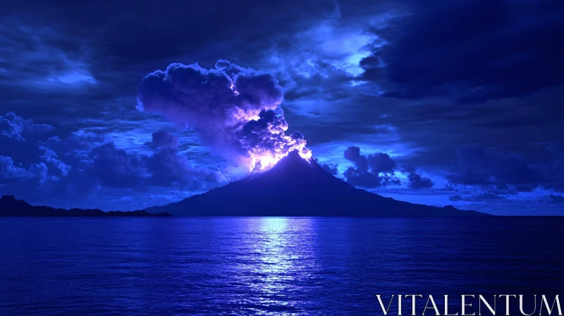 AI ART Volcano Erupting at Night with Ocean Reflections