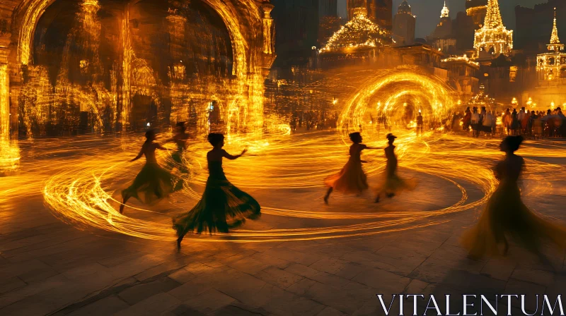 AI ART City Dancers Under Golden Lights