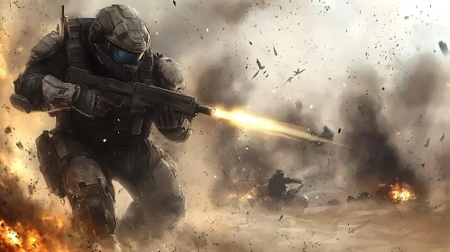 Futuristic Soldier Engaged in Combat Scene