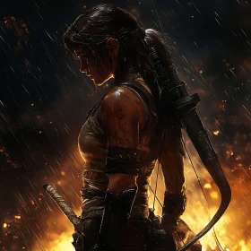 Female Warrior in Rain and Fire