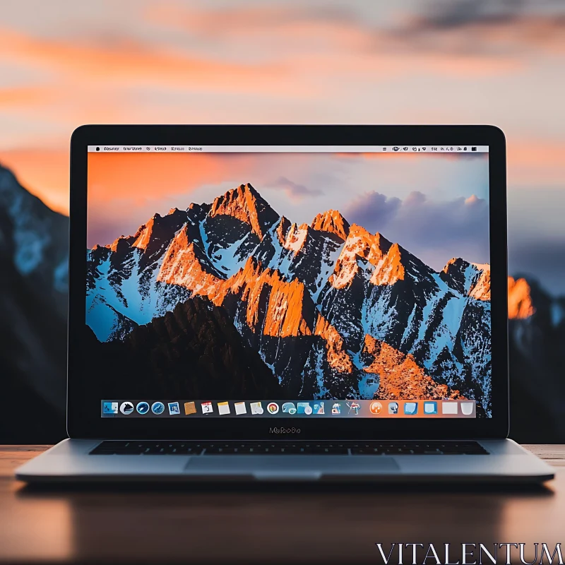 Mountainous Sunset on Laptop Screen AI Image