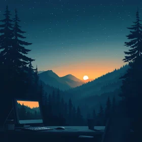 Sunset and Starry Sky Over Forest