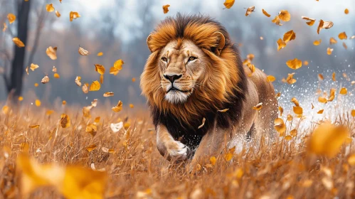 Lion in Autumn Field