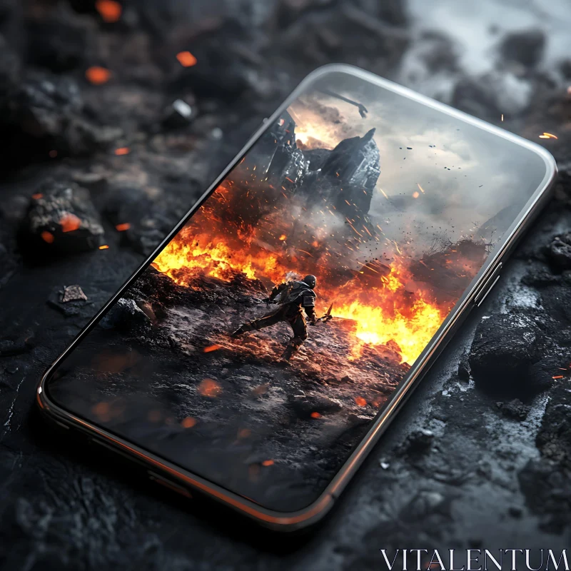 AI ART Warrior in Flames on Mobile Screen