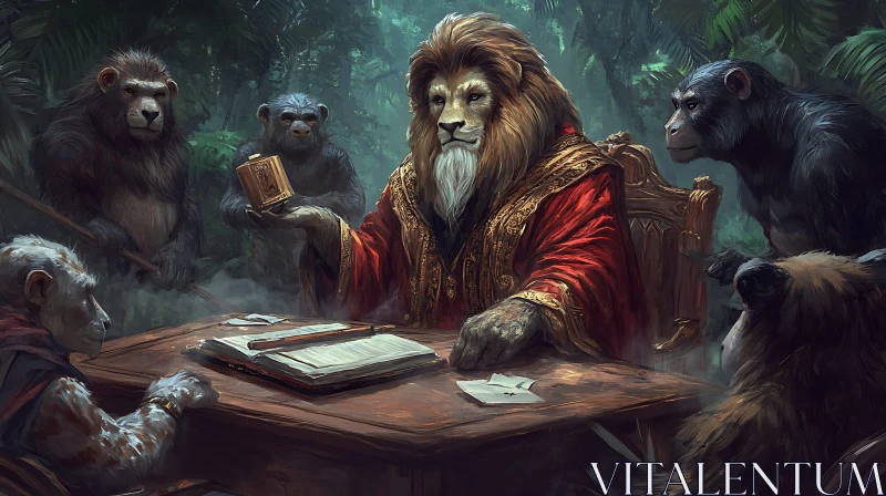 Regal Lion and Monkey Council AI Image