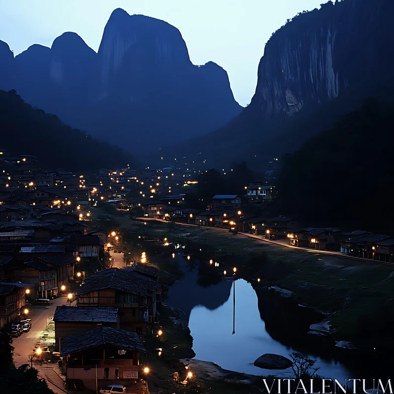 Mountain Village at Night AI Image