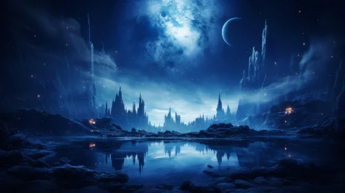 Gothic Futurist Alien Landscape - A Moonlit Night Scene