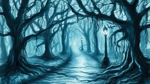 Mysterious Forest Scene with Twisted Trees and Snow