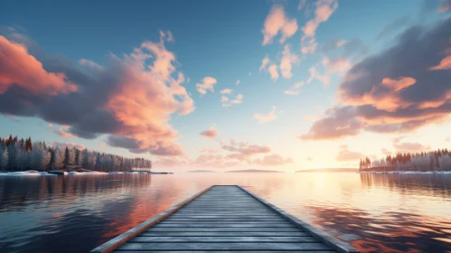 Tranquil Lakeside Sunset - Ethereal Cloudscape with Dock