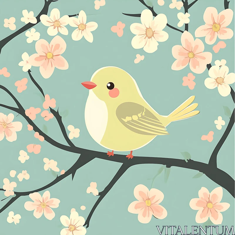 Yellow Bird Among Spring Flowers AI Image