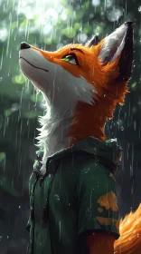 Fox in Green Jacket Amidst Rain