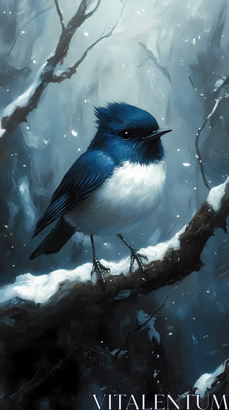 Serene Blue Bird on Snowy Branch AI Image