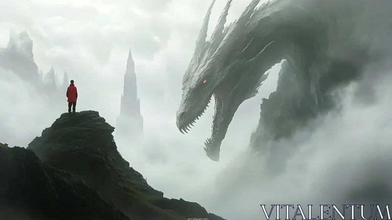 Man and Dragon in Misty Landscape AI Image