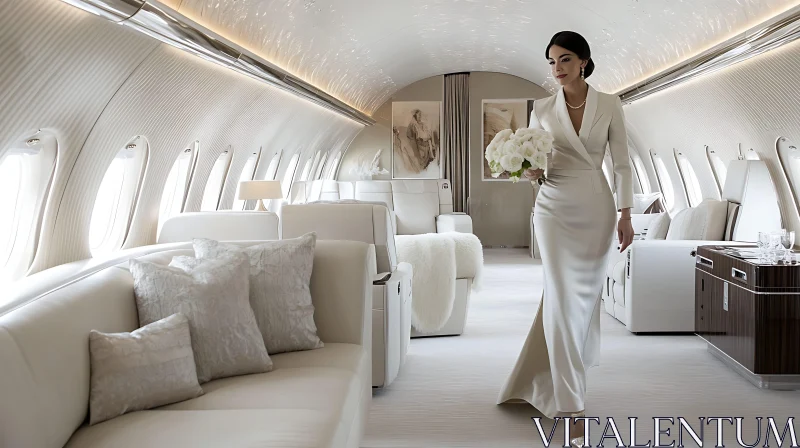 Sophisticated Interior of a Private Jet with Elegant Woman AI Image