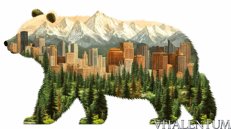 Nature and Urban Fusion in Bear Silhouette AI Image