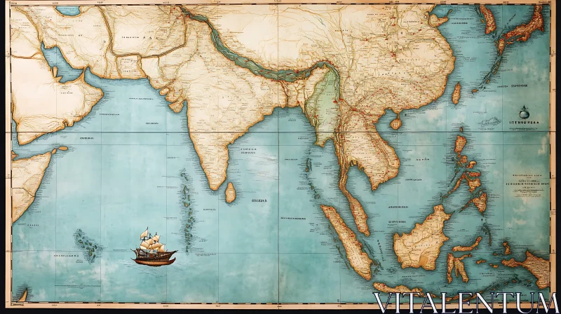 Antique Asia Map with Sailing Vessel AI Image