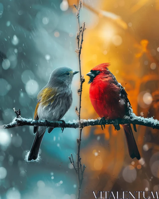 Birds on Branch Winter and Sun AI Image