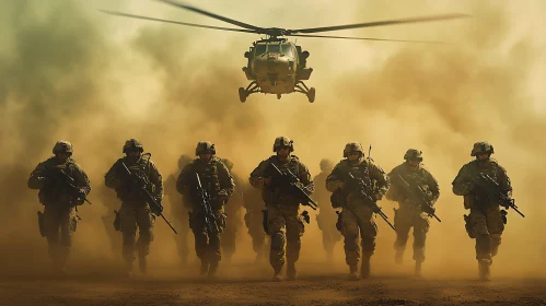 Troops in Dusty Terrain with Air Support