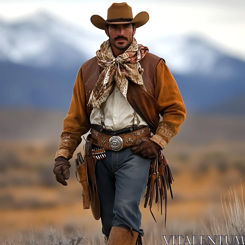 Western Cowboy Portrait with Mountain Backdrop AI Image