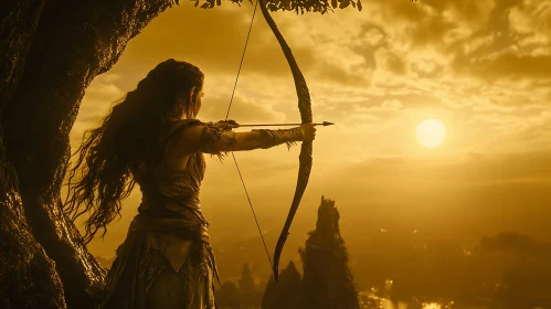 Female Archer with Bow at Dusk